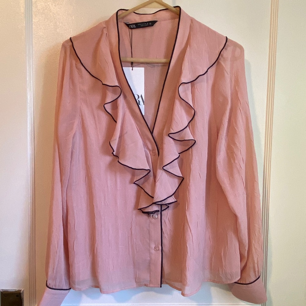 Zara Pink Ruffled V-Neck L/S Blouse with Contrast Black Piping NWT Size: Small